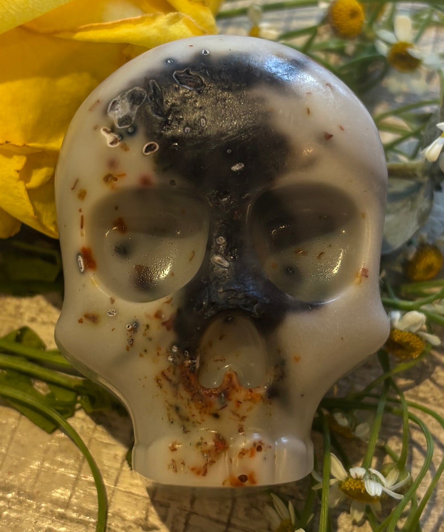 Skull Hand Poured Goat Soap Bar with Dried Flowers