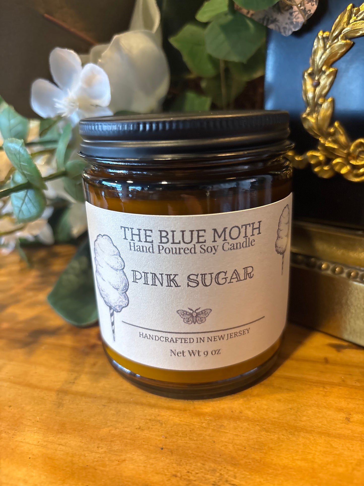 Hand Poured PINK SUGAR 9oz in Amber Glass Jar