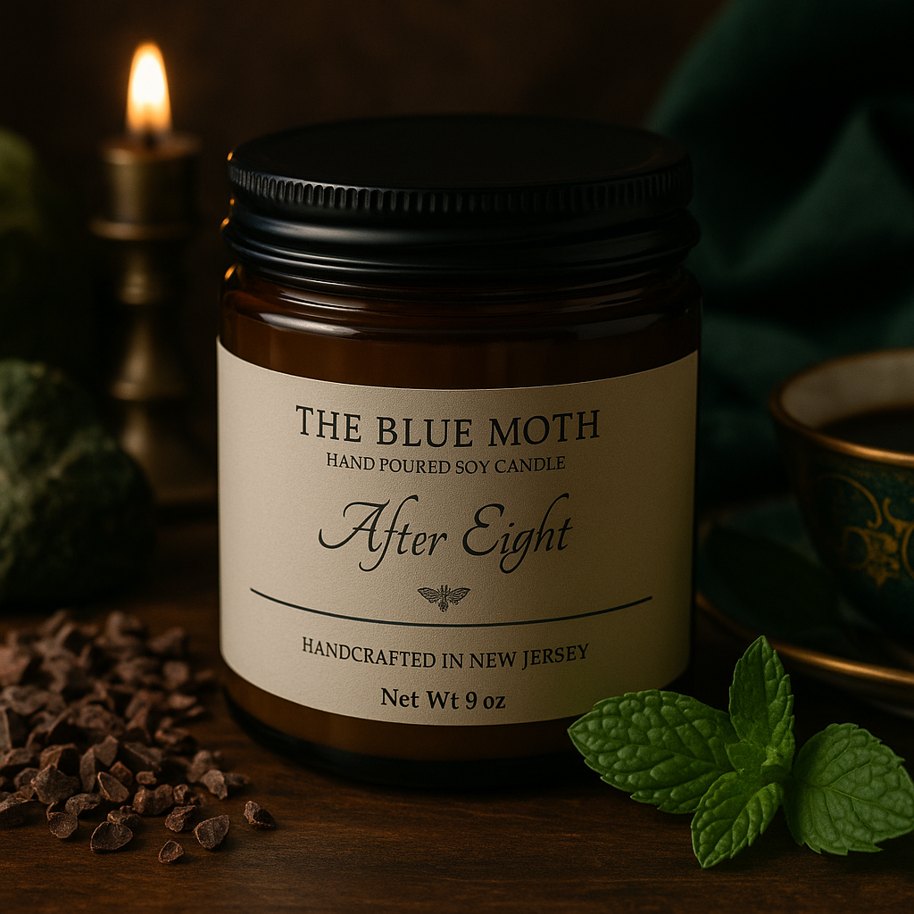 9oz AFTER EIGHT Hand Poured Soy Candle in an Amber Glass Jar Cotton Wick