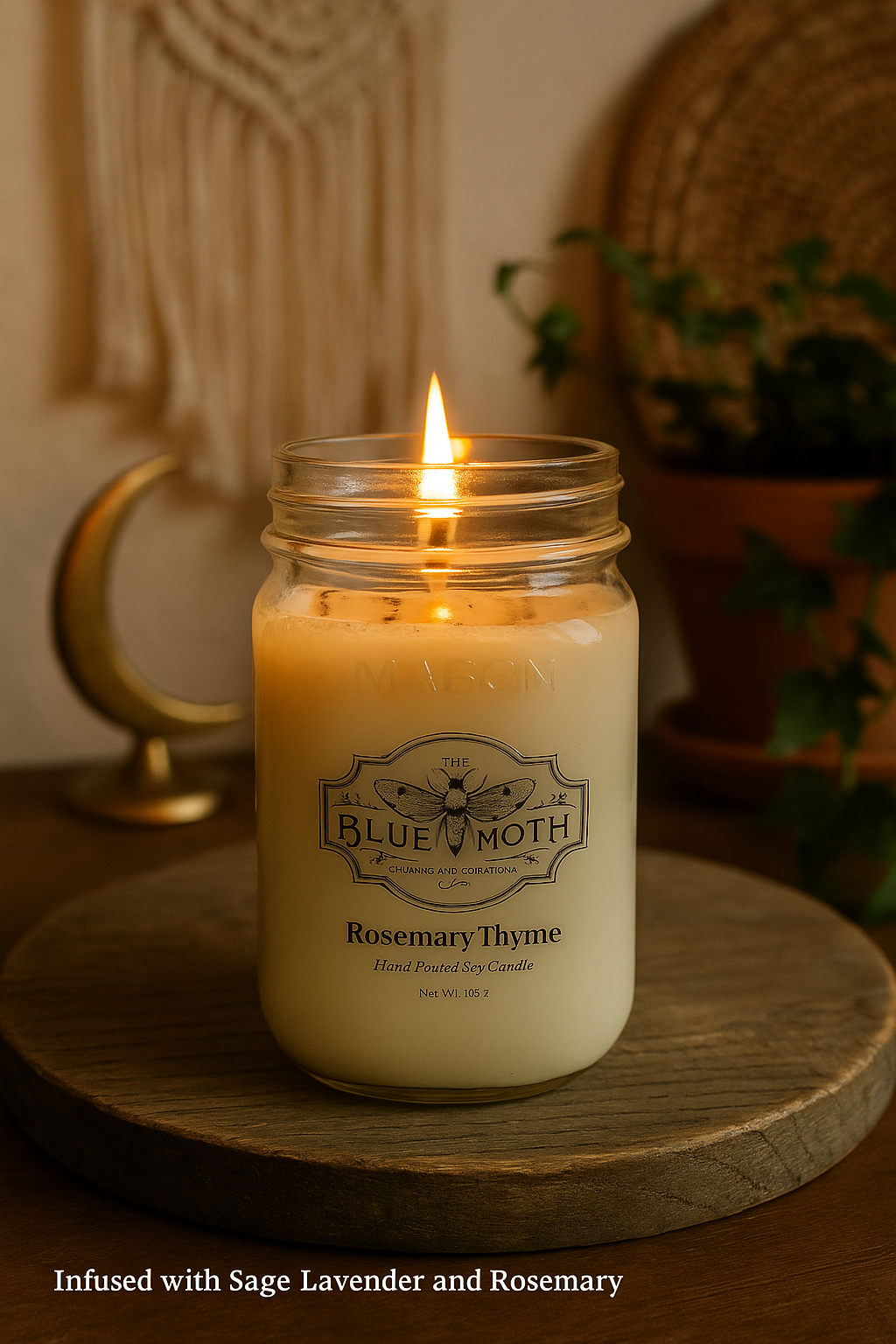 16oz Rosemary & Thyme Hand Poured Mason Jar Candle with Rustic Bronze Lid