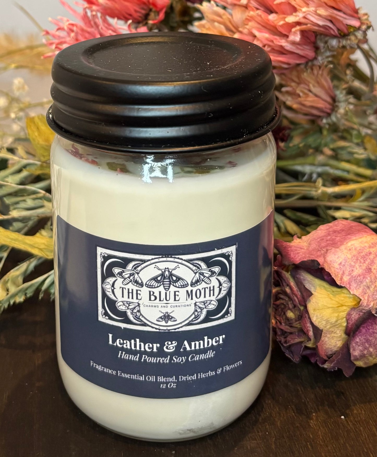Leather & Amber 12oz Hand Poured Soy Candle Mason Jar with Farm House Lid