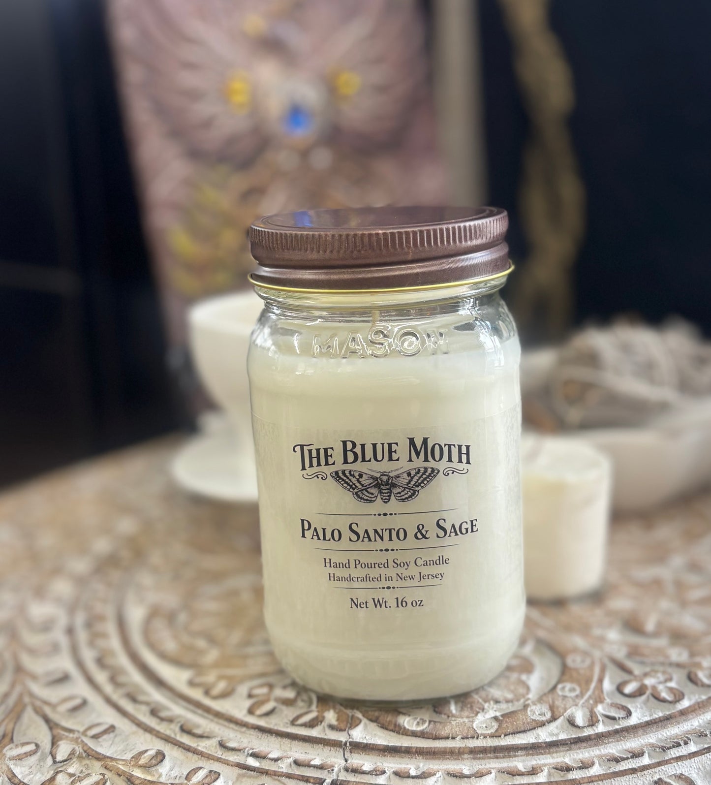 16oz Palo Santo & Sage Mason Jar with Rustic Lid Hand Poured Soy Candle