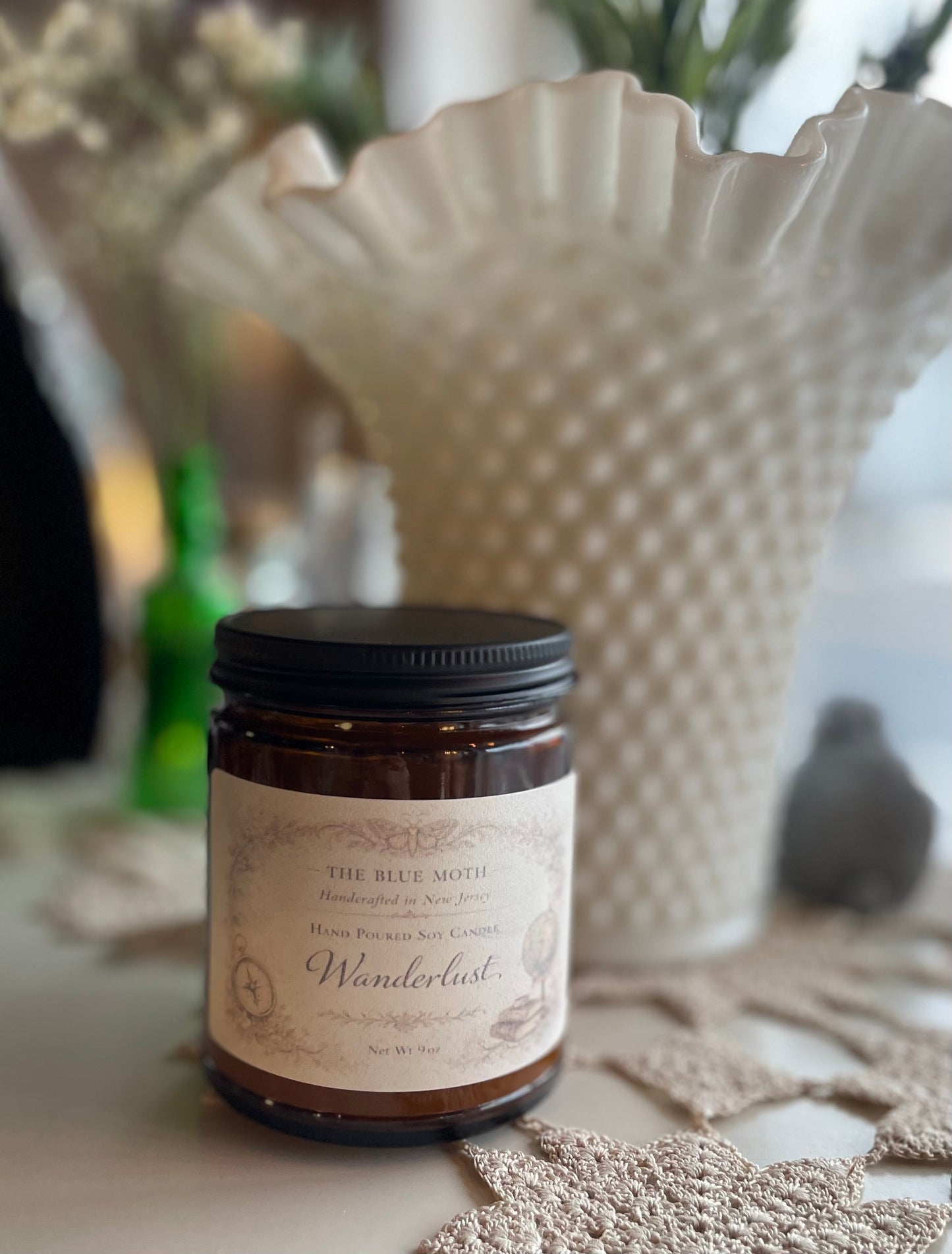 9oz WANDERLUST Hand Poured Soy Candle in an Amber Glass Jar Cotton Wick