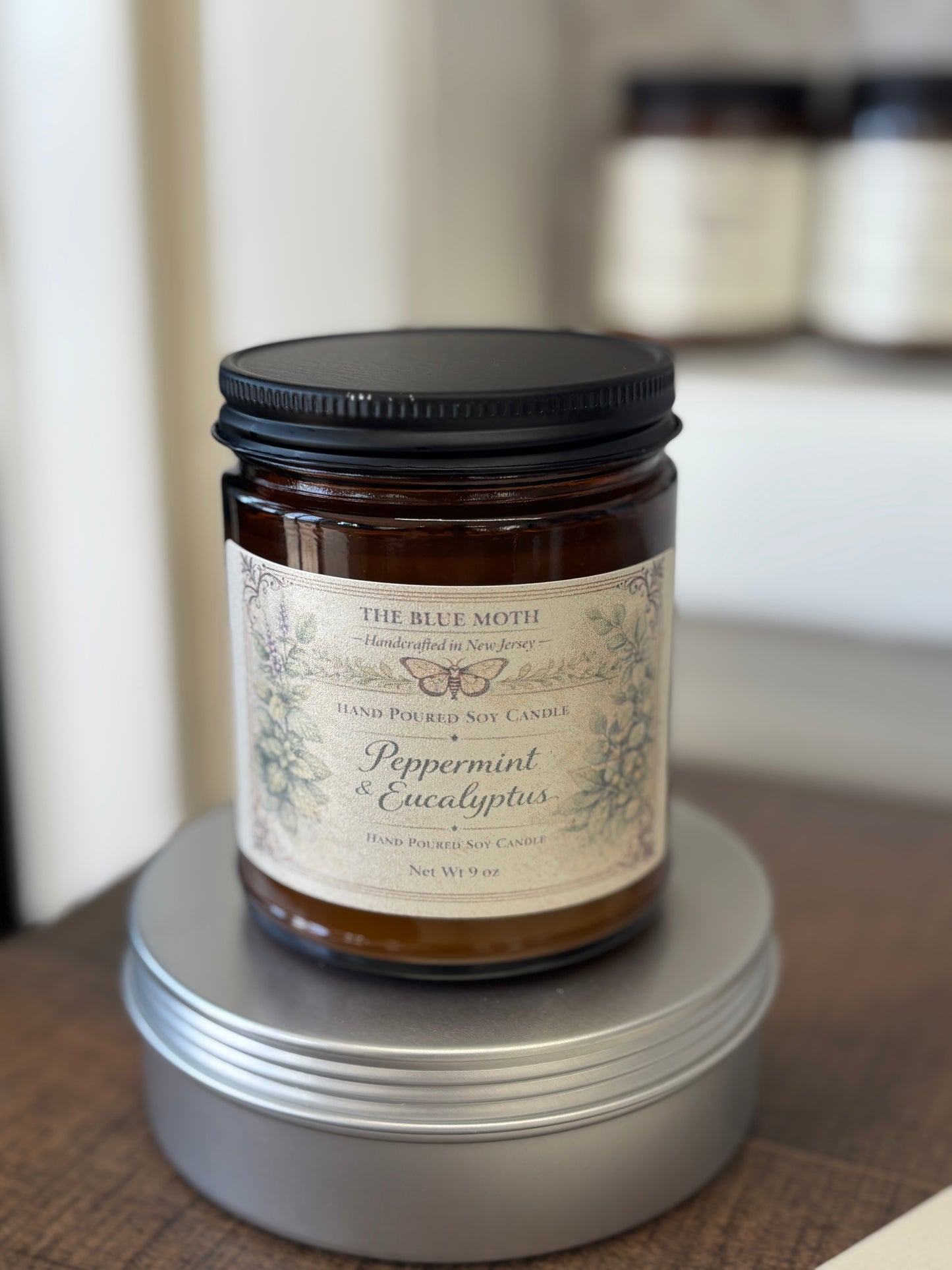 9oz Peppermint Eucalyptus Hand Poured Soy Candle in an Amber Glass Jar Cotton Wick