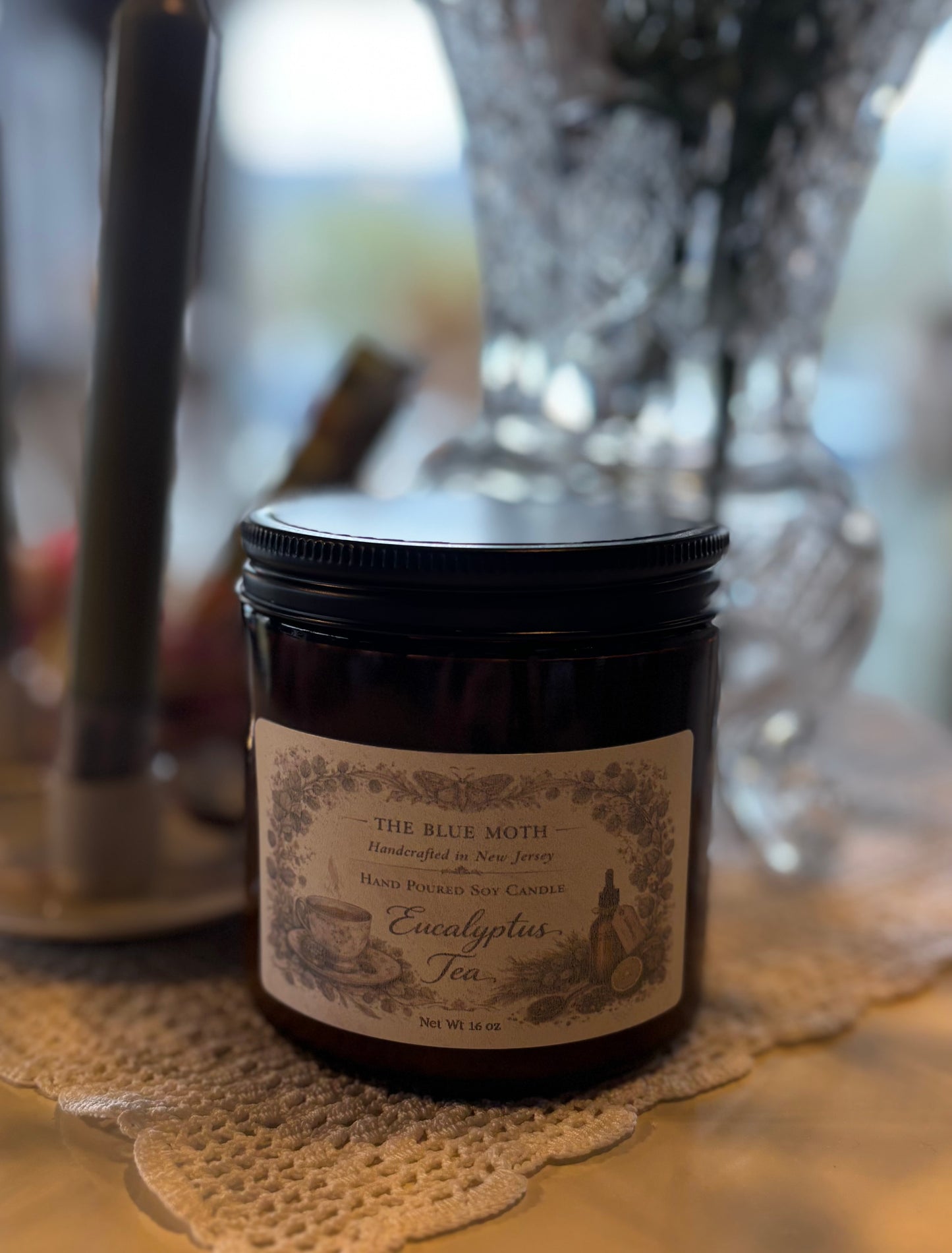 16oz EUCALYPTUS TEA Hand Poured Soy Candle in an Amber Glass Jar Cotton Wick
