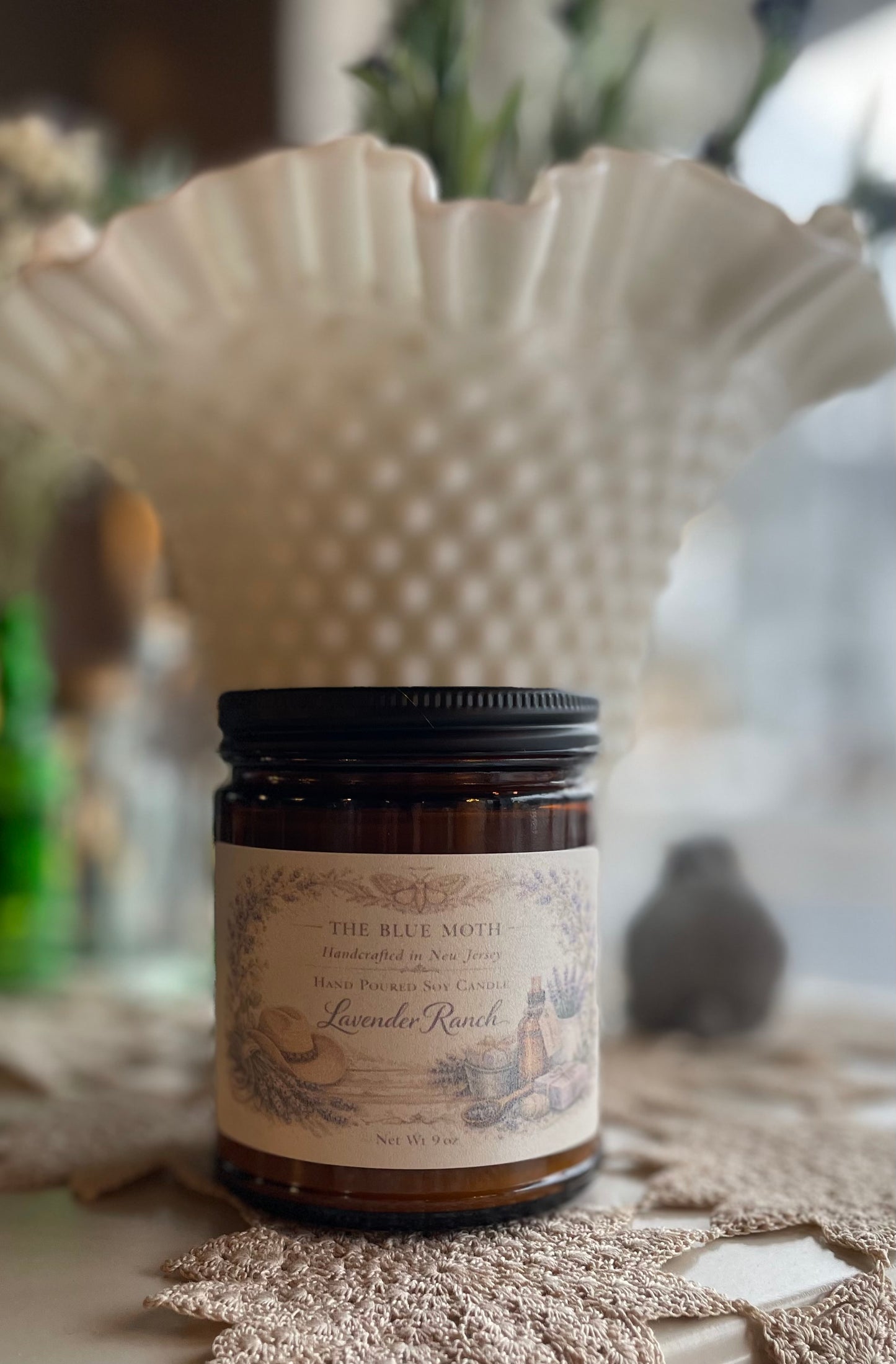 9oz Lavender Ranch Hand Poured Soy Candle in an Amber Glass Jar Cotton Wick