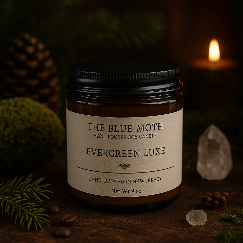 9oz EVERGREEN LUXE Hand Poured Soy Candle in an Amber Glass Jar Cotton Wick
