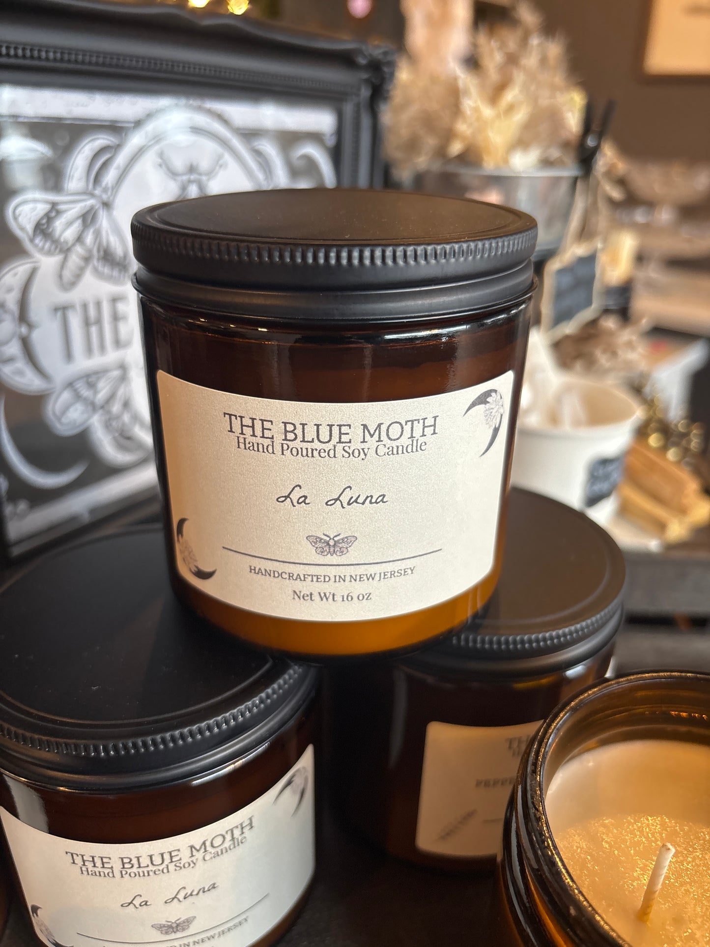 16oz La Luna Hand Poured Soy Candle in an Amber Glass Jar Cotton Wick
