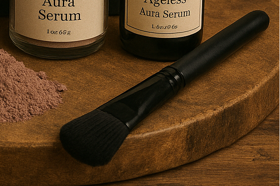 Cosmetic products with 'The Blue Moth' branding on a wooden surface with decorative background.