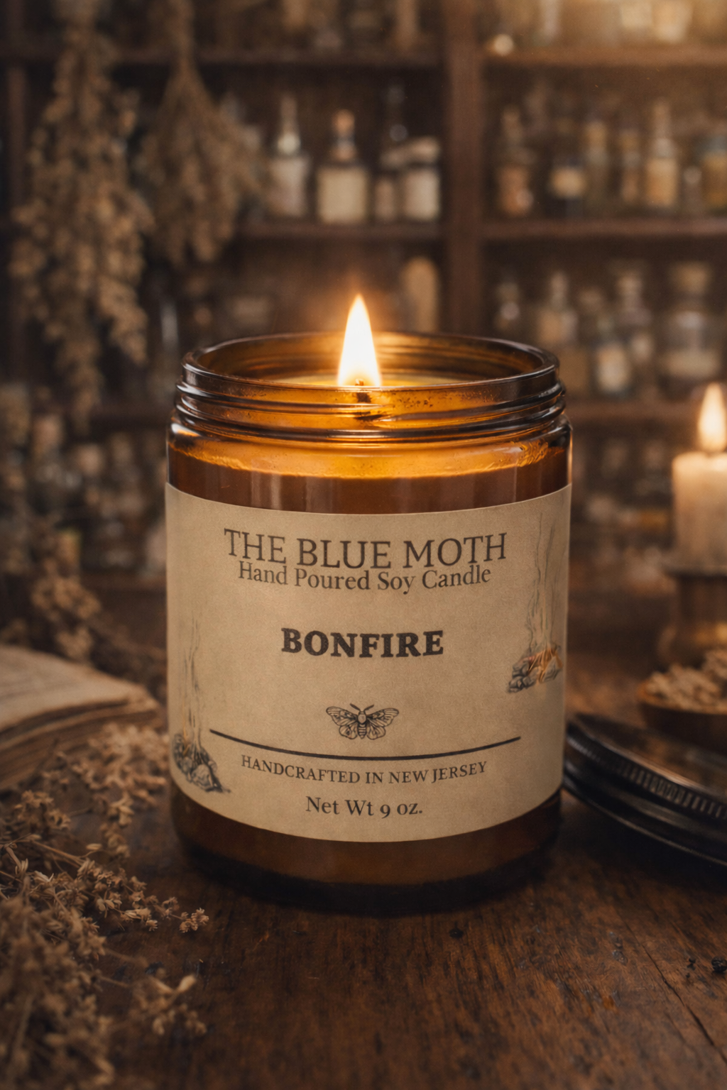 9oz BONFIRE Hand Poured Soy Candle in an Amber Glass Jar Cotton Wick