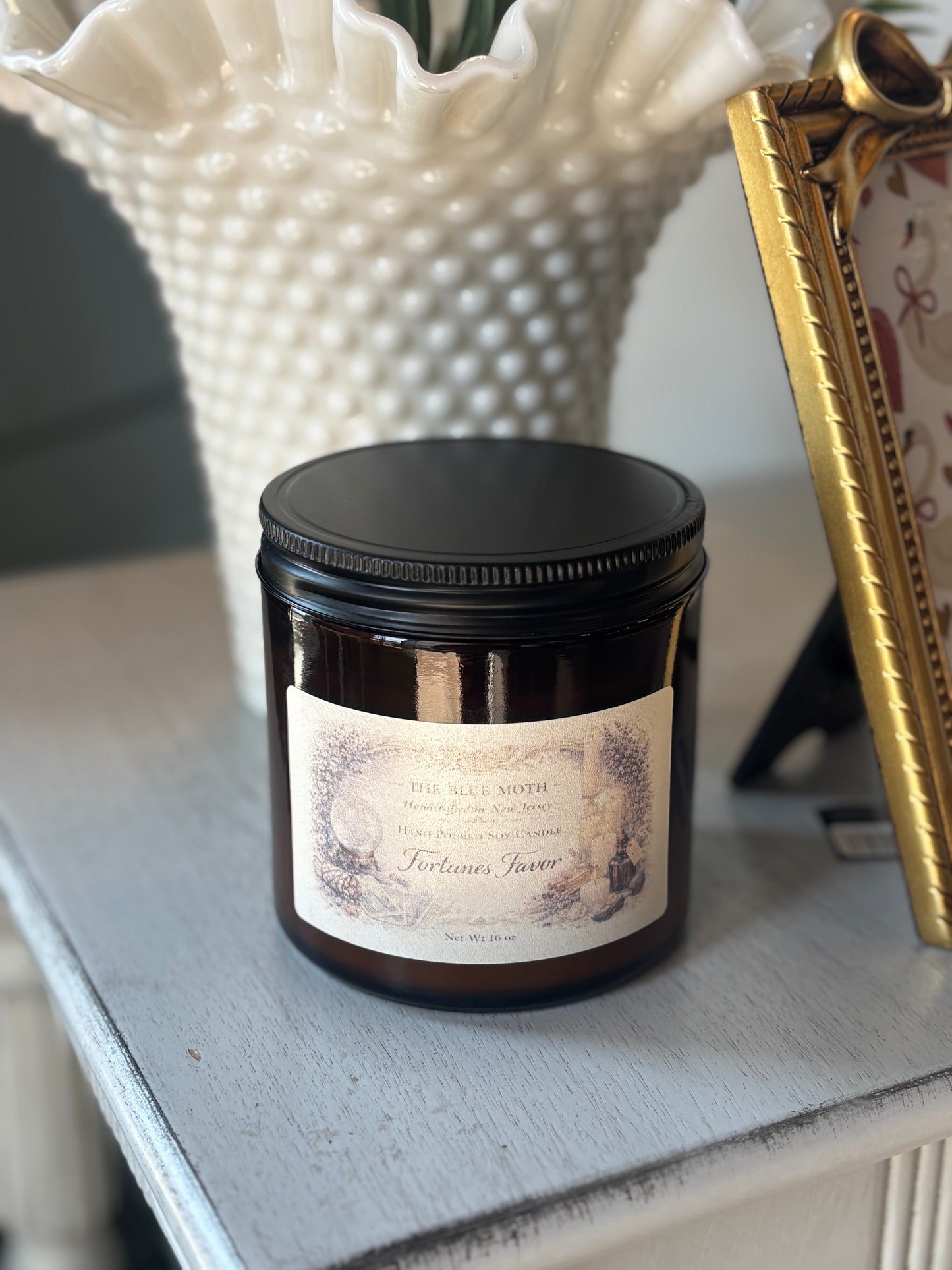 9 OZ FORTUNES FAVOR Hand Poured Soy Candle in an Amber Glass Jar Cotton Wick