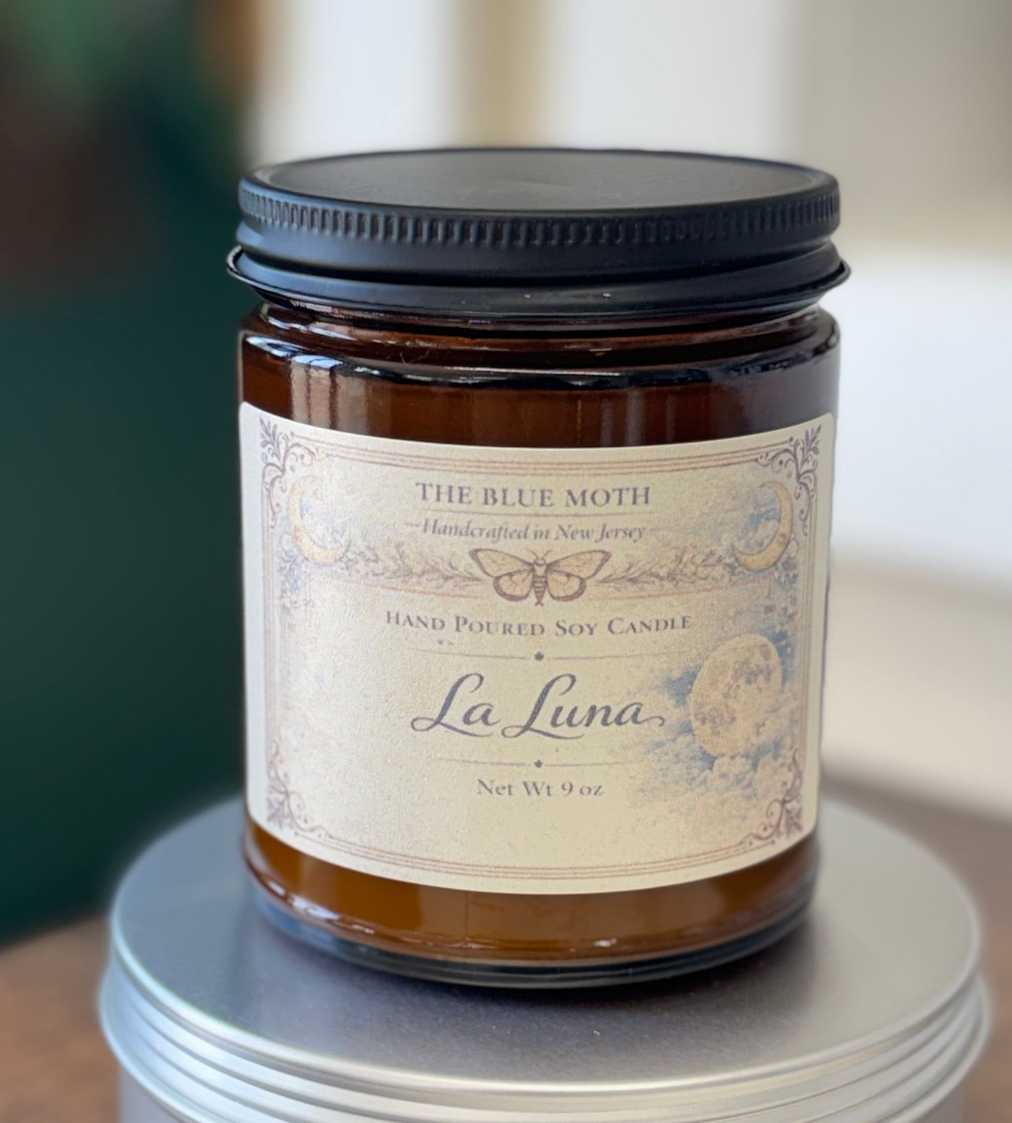9 oz La Luna Hand Poured Soy Candle in an Amber Glass Jar Cotton Wick