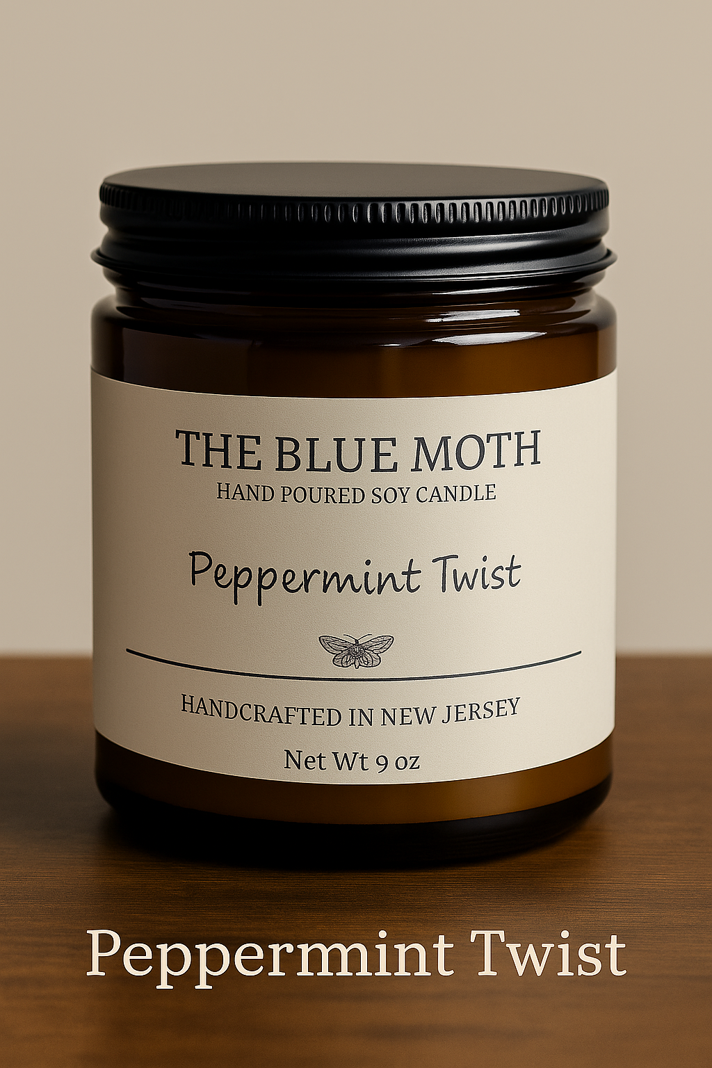 9oz  PEPPERMINT TWIST Hand Poured Soy Candle in an Amber Glass Jar Cotton Wick