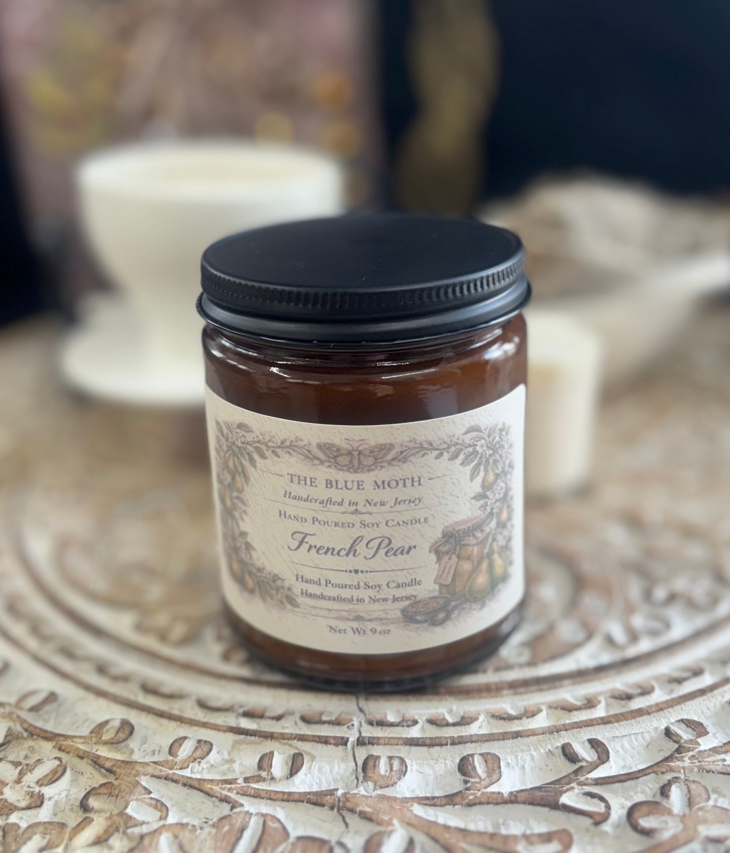 9 oz French Pear Hand Poured Soy Candle in an Amber Glass Jar Cotton Wick