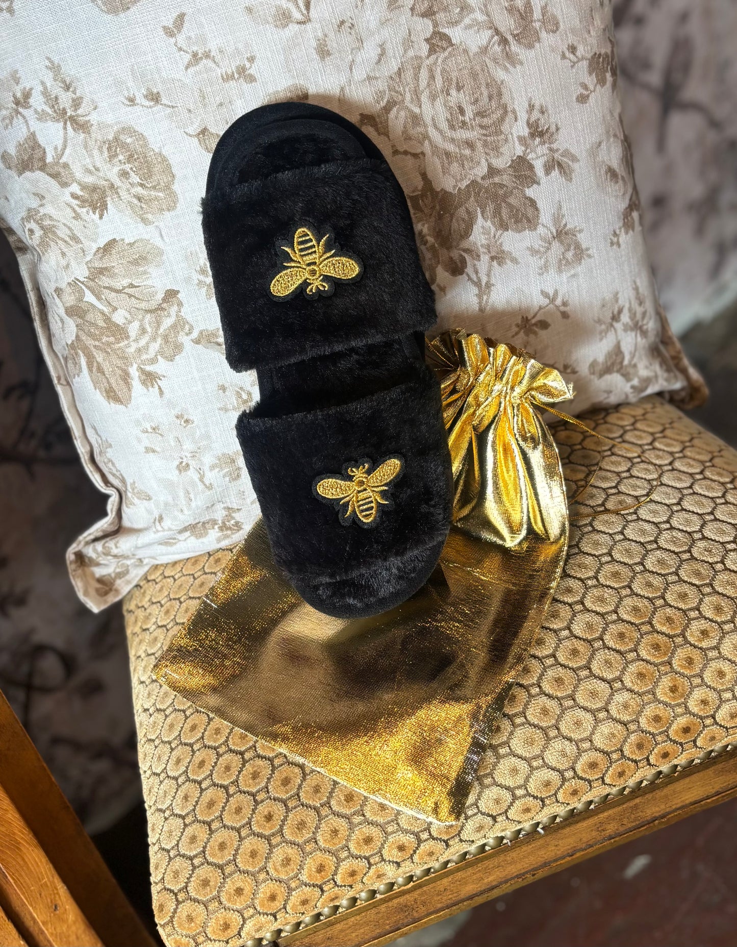 Black Fuzzy Gold Bee Slipper