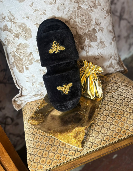 Black Fuzzy Gold Bee Slipper