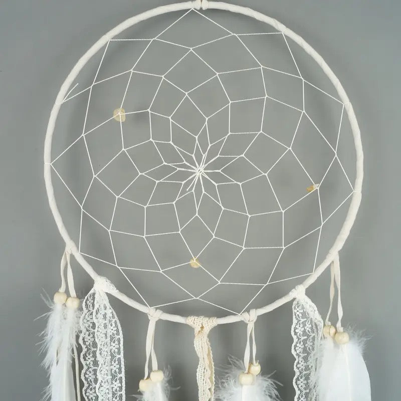 White and Ivory Lace Crystals Weaved with Beads & Feather Dream Catcher