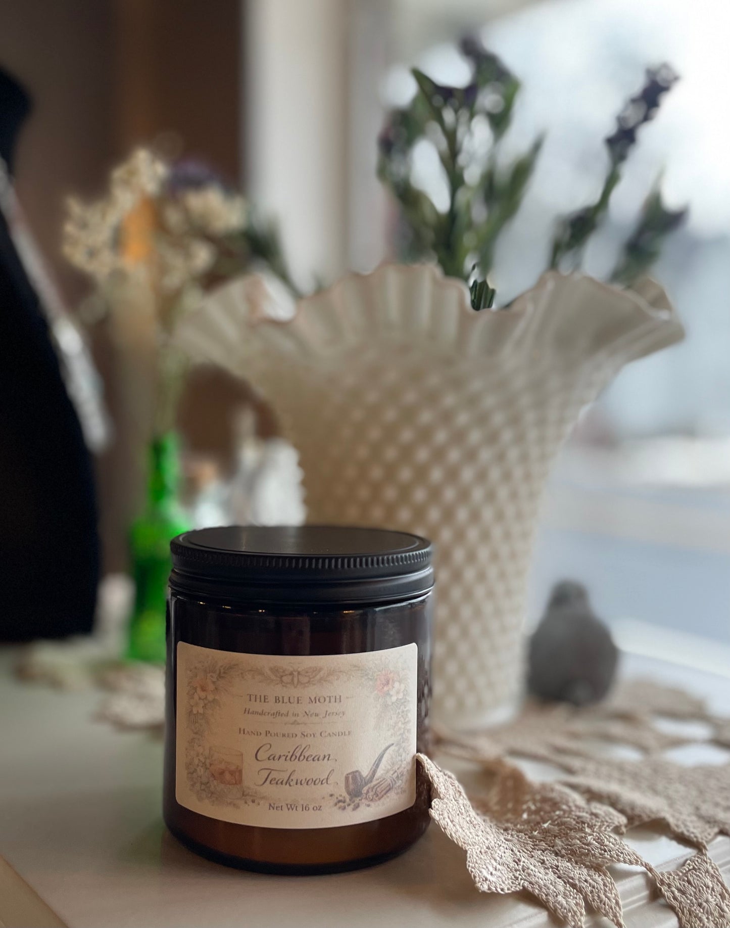 16oz Caribbean TEAKWOOD Hand Poured Soy Candle in an Amber Glass Jar Cotton Wick