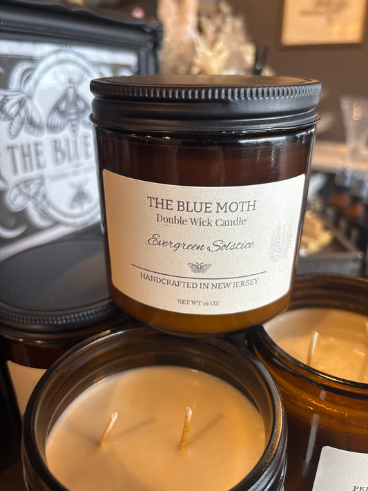 16oz Evergreen Solstice Hand Poured Soy Candle in an Amber Glass Jar Cotton Wick