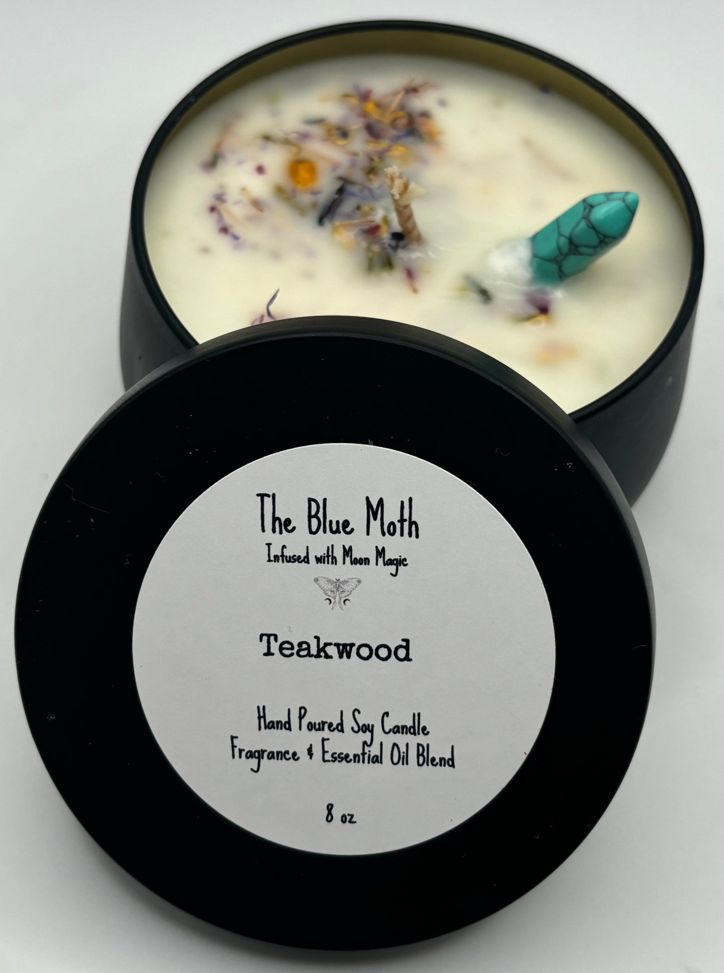 TEAKWOOD 8oz Soy Candle Moon Charged & Dried Flowers