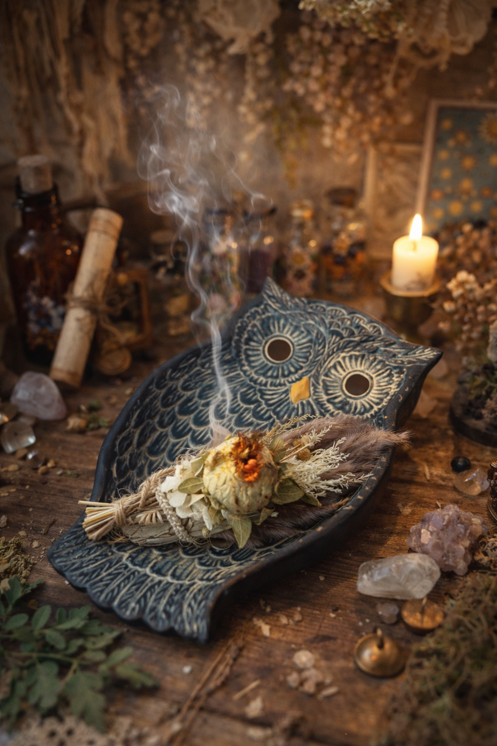 OWL CERAMIC TRAY SPOON REST SAGE INCENSE DECORATIVE