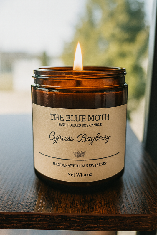 16oz Cypress Bayberry Hand Poured Soy Candle in an Amber Glass Jar DOUBLE Cotton Wick