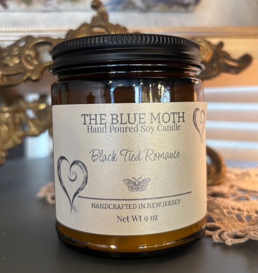 9oz Black Tied Romance Hand Poured Soy Candle in an Amber Glass Jar Cotton Wick