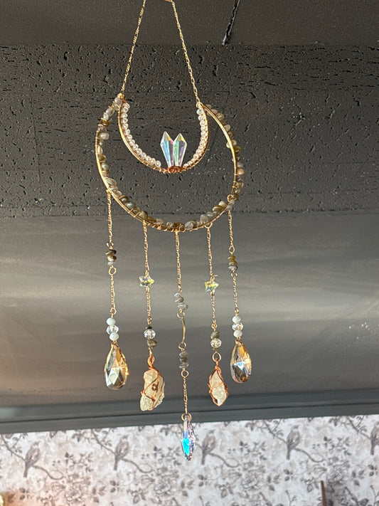 Half Moon Crystal Adorned Sun catcher With Hanging Natural Qaurtz
