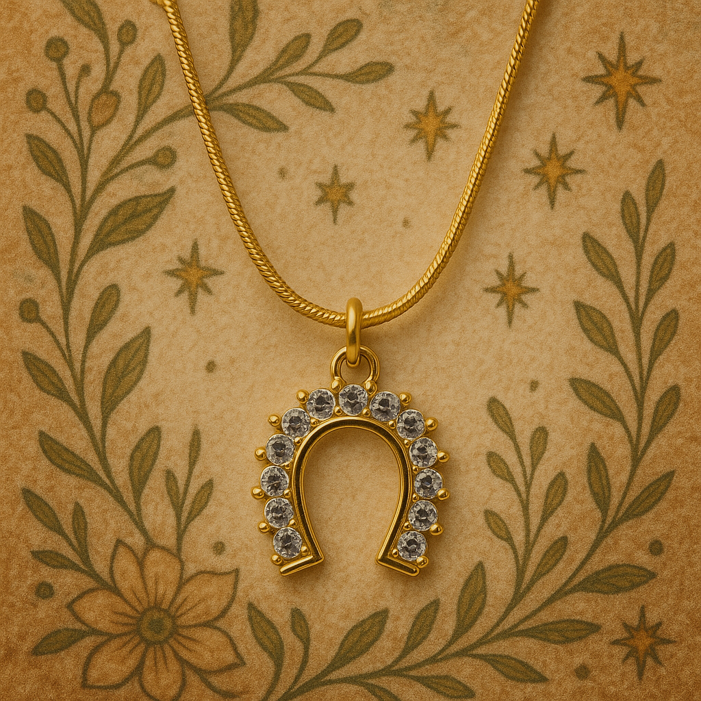 Gold Rhinestone Lucky Horse Shoe Pendant on at 16inch Golden Rope Snake Chain