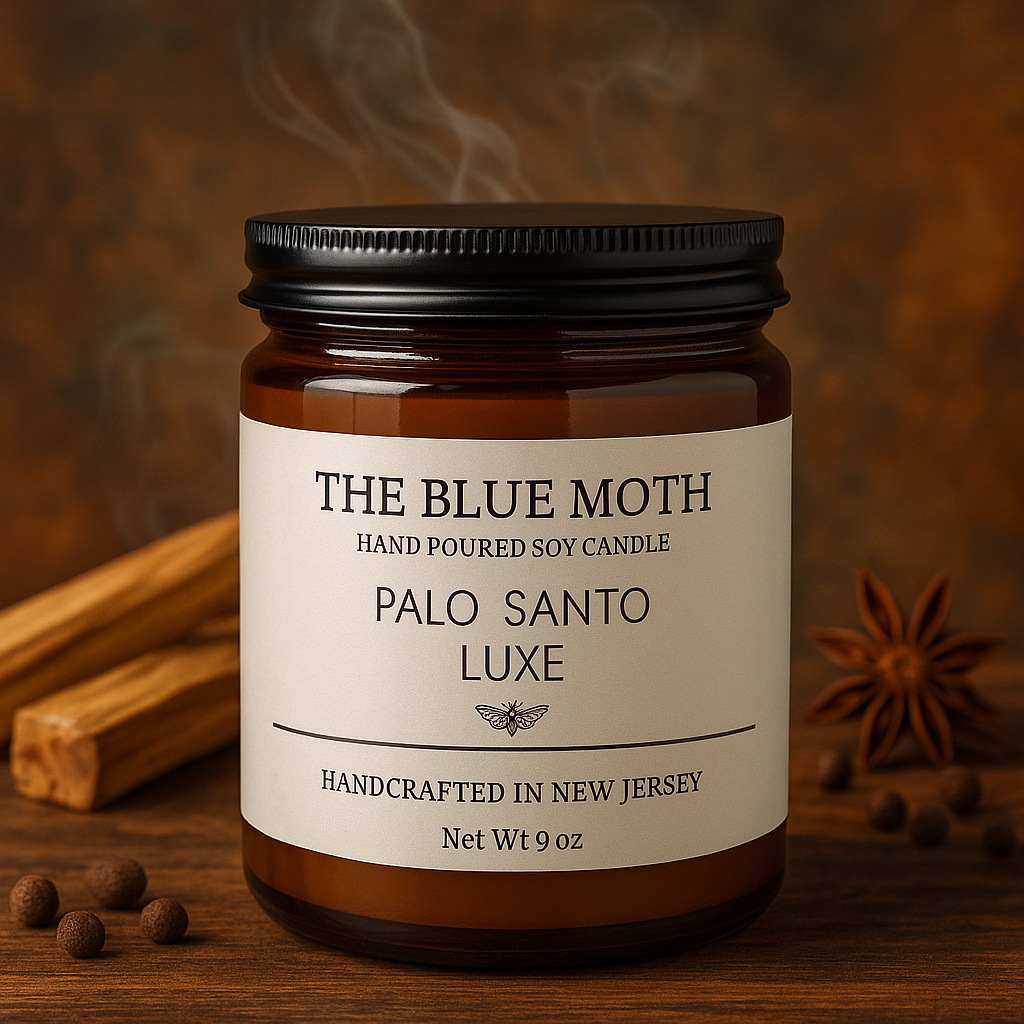 9oz PALO SANTO LUXE Hand Poured Soy Candle in an Amber Glass Jar Cotton Wick