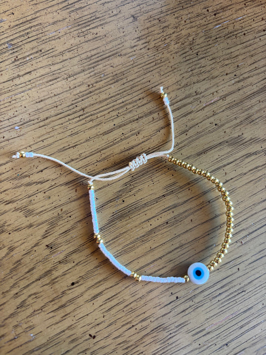 Evil Eye White and Gold Adjustable Rope Bracelet/ ANKLETS