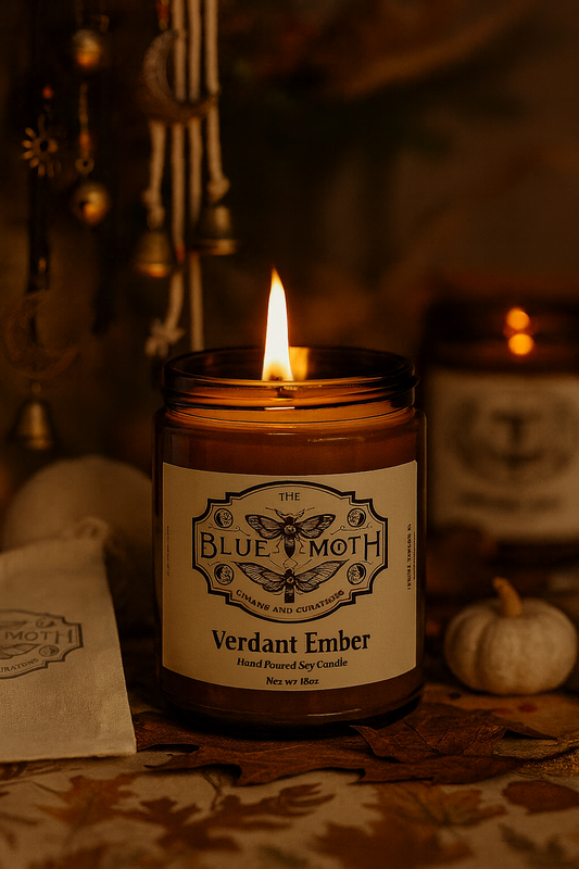 9oz Verdant Ember Hand Poured Soy Candle in an Amber Glass Jar with Wood Wick