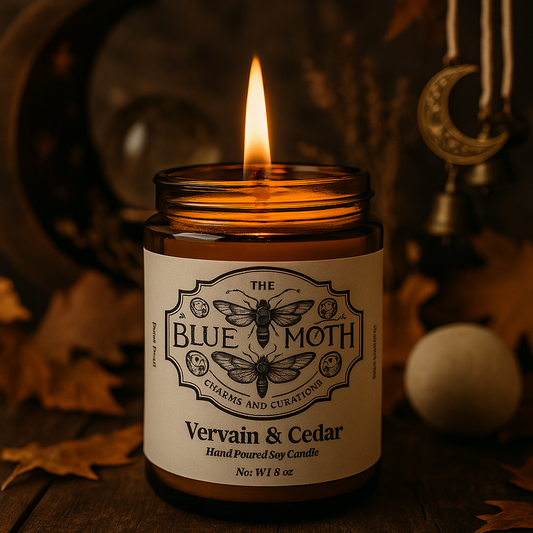 9oz Vervain & Cedar Hand Poured Soy Candle in an Amber Glass Jar with Wood Wick