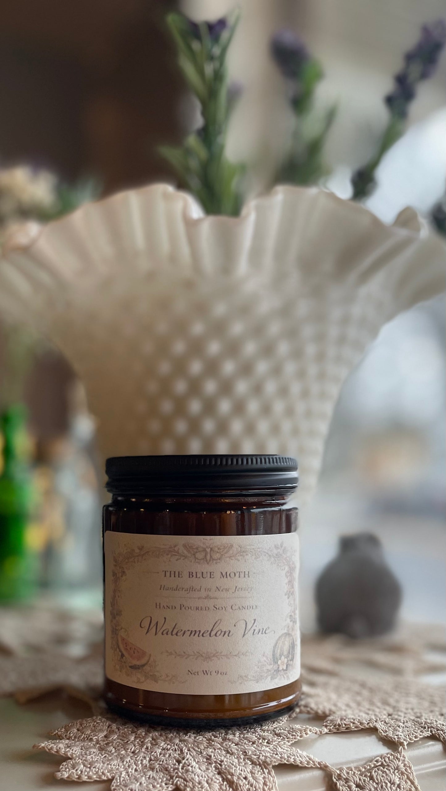 9oz WATERMELON VINE Hand Poured Soy Candle in an Amber Glass Jar Cotton Wick