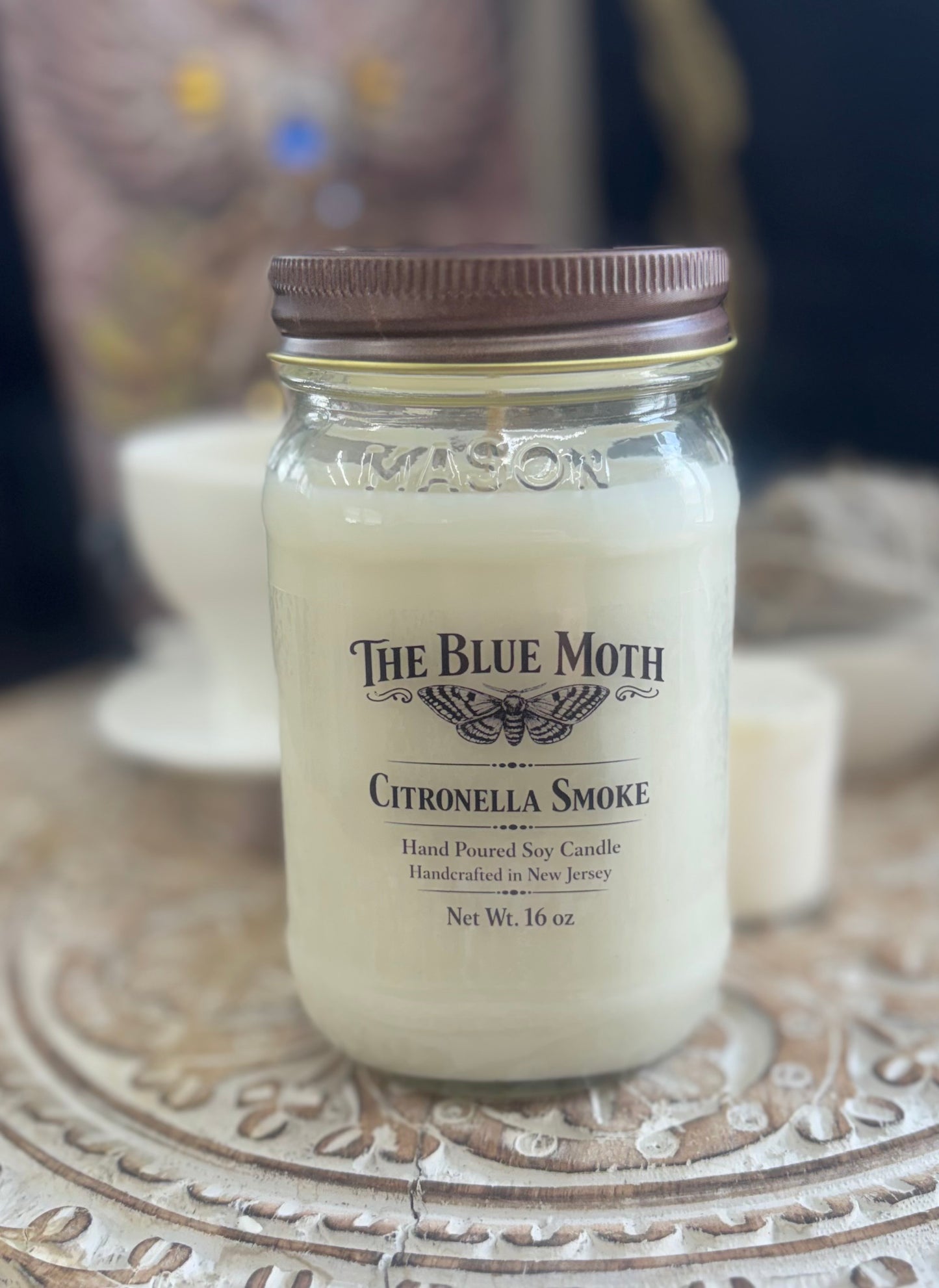 16oz CITRONELLA SMOKE Mason Jar with Rustic Lid Hand Poured Soy Candle