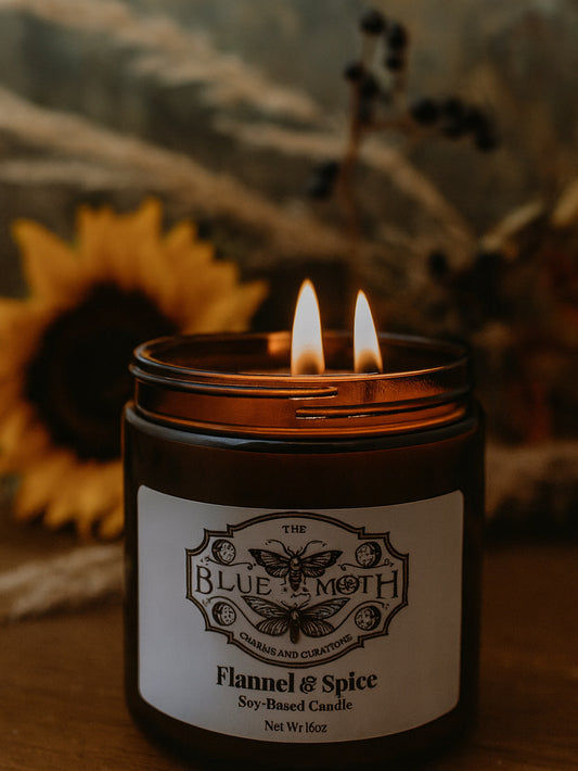 Flannel & Spice 16oz Double Wicked Hand Poured Soy Candle Amber Glass Jar