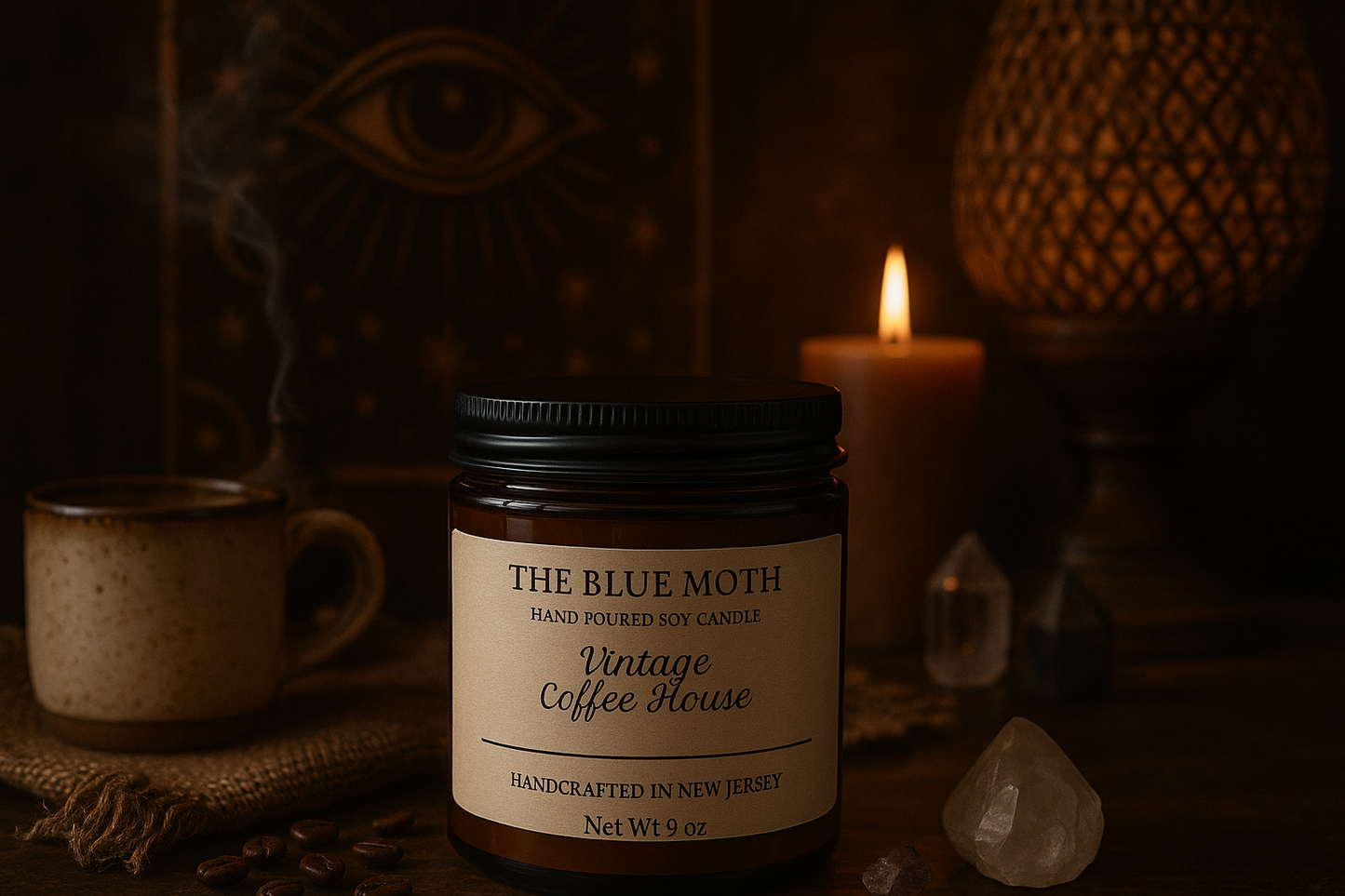 9oz VINTAGE COFFEE HOUSE Hand Poured Soy Candle in an Amber Glass Jar Cotton Wick