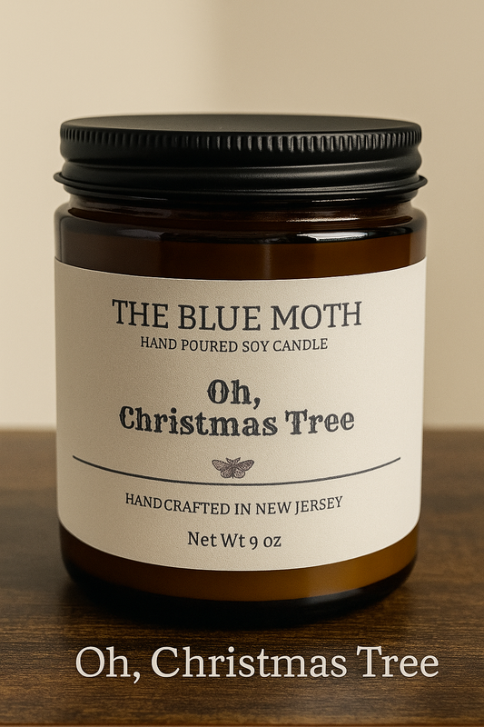 9oz OH, CHRISTMAS TREE Hand Poured Soy Candle in an Amber Glass Jar Cotton Wick