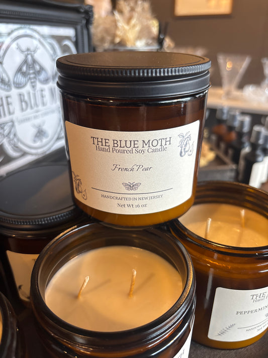 16oz French Pear Hand Poured Soy Candle in an Amber Glass Jar Cotton Wick