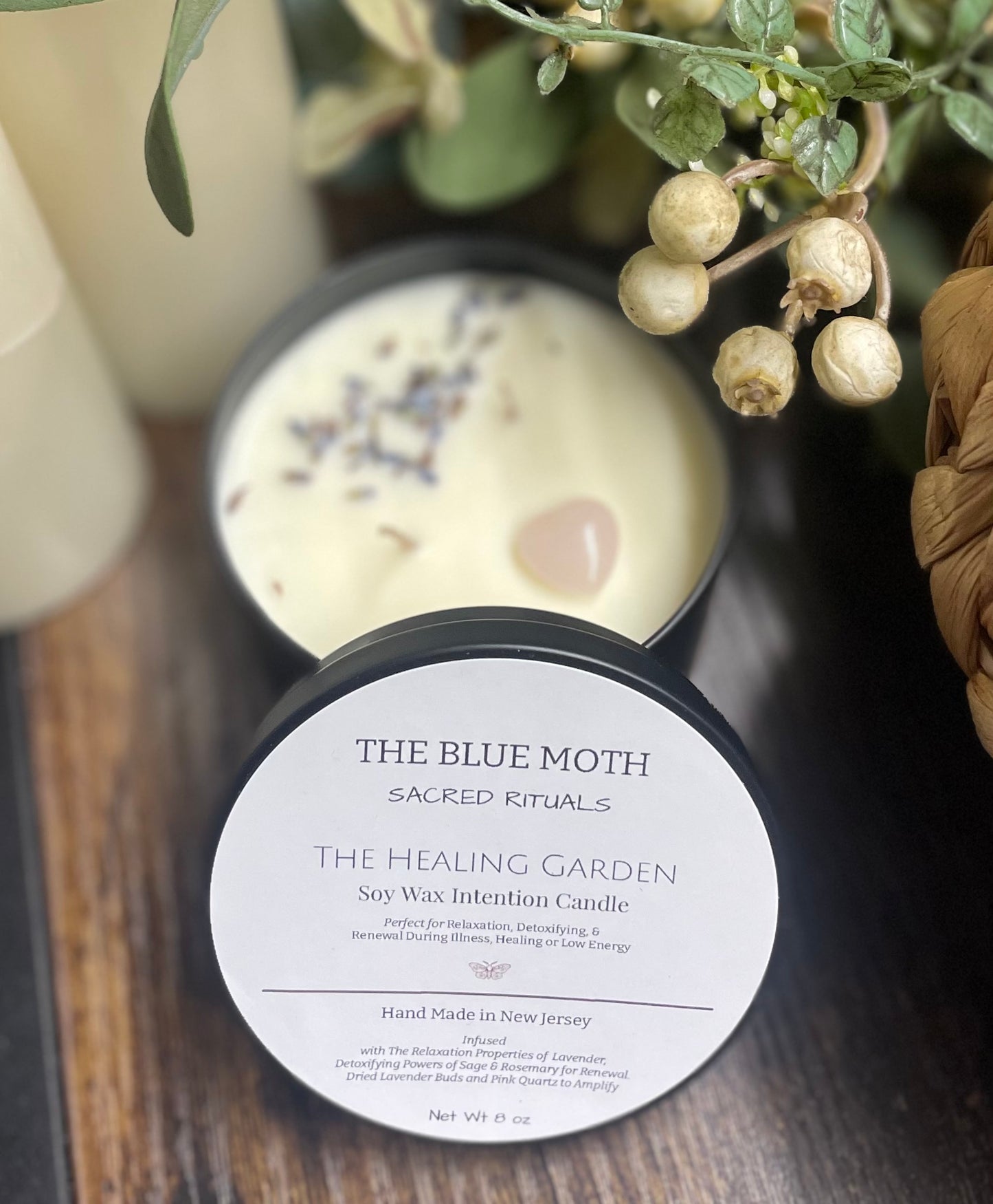 8oz The Healing Garden with Rose Quartz & Dried Lavender Charged Tin Candle