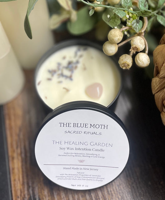 8oz The Healing Garden with Rose Quartz & Dried Lavender Charged Tin Candle