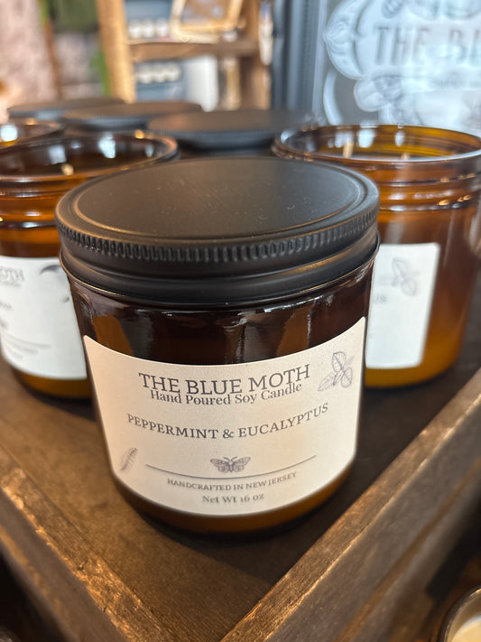 16oz Peppermint Eucalyptus Hand Poured Soy Candle in an Amber Glass Jar Cotton Wick