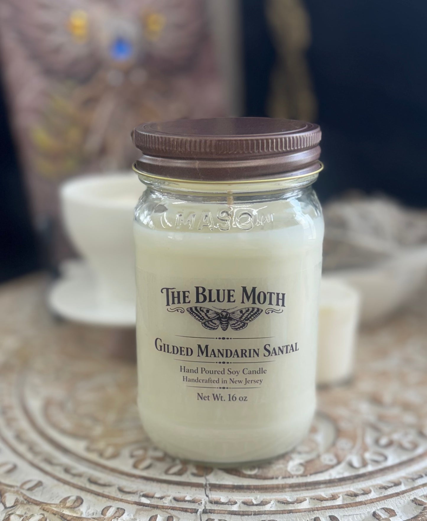 16oz Gilded Mandarin Santal Mason Jar with Rustic Lid Hand Poured Soy Candle