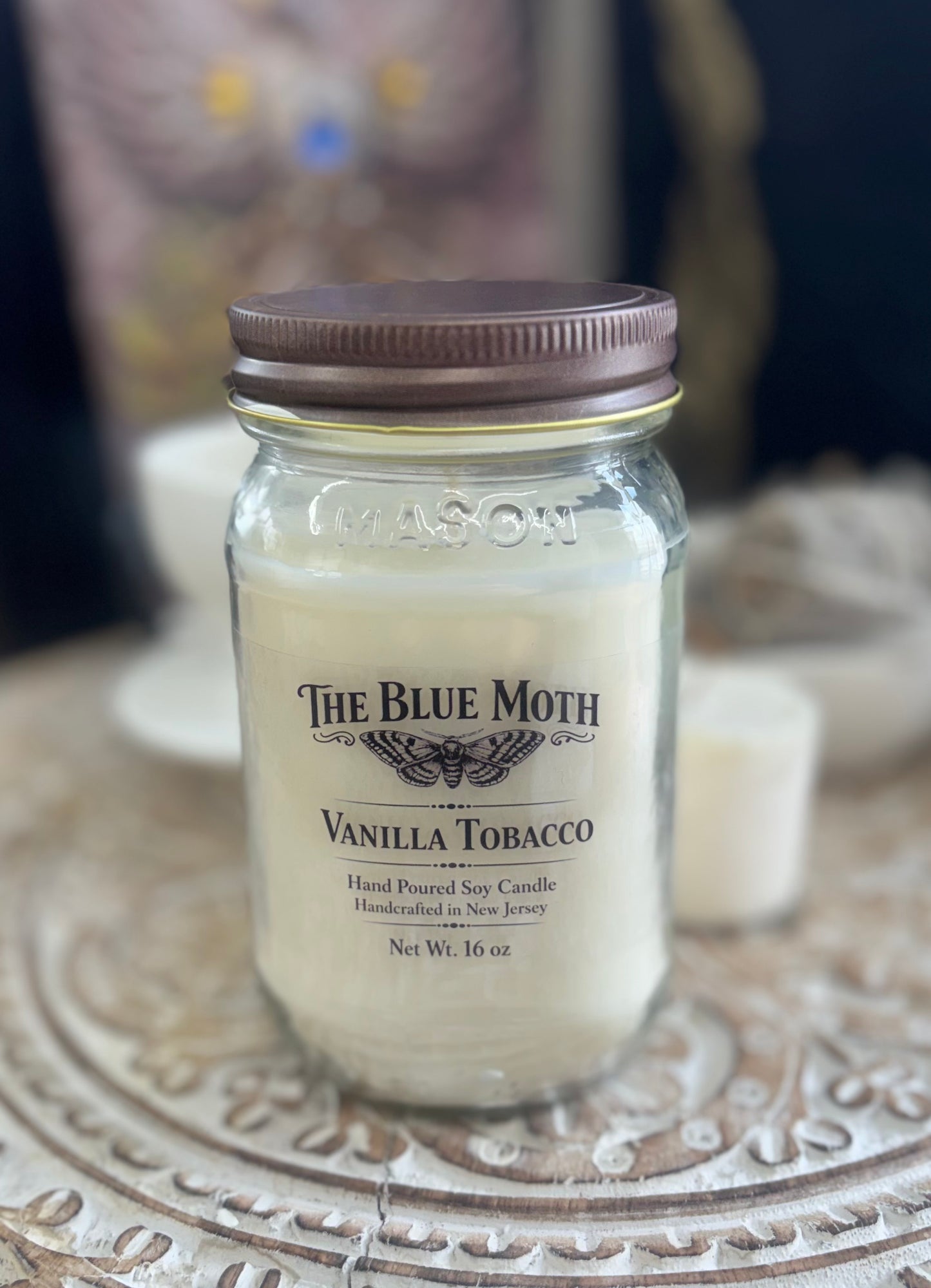 16oz Vanilla Tobacco Mason Jar with Rustic Lid Hand Poured Soy Candle