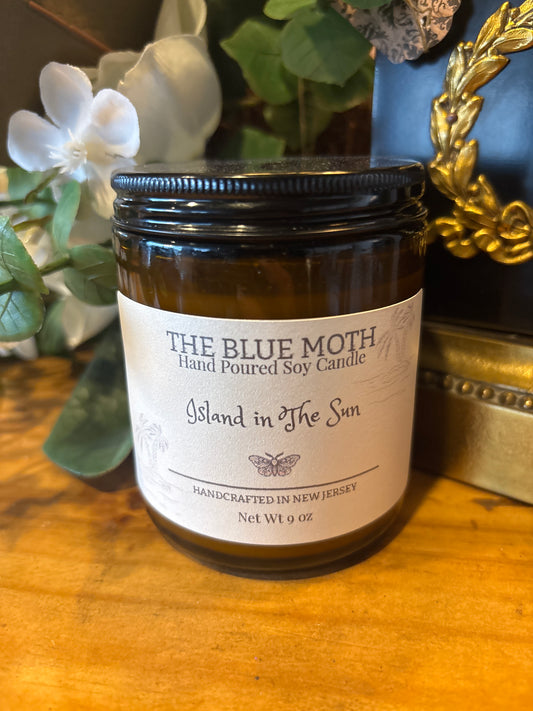 9oz  Island in the Sun Hand Poured Soy Candle in an Amber Glass Jar Cotton Wick