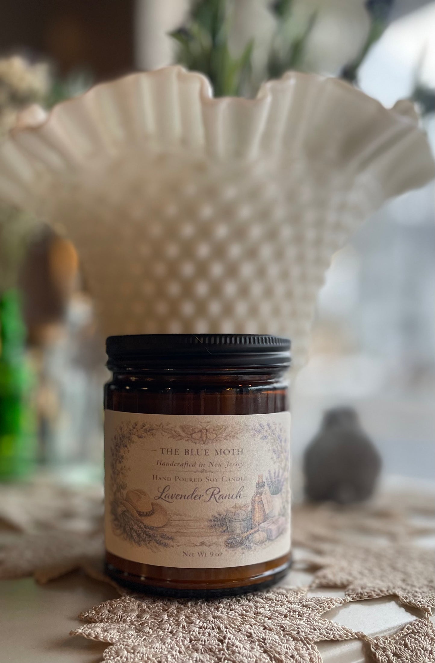 9oz Lavender Ranch Hand Poured Soy Candle in an Amber Glass Jar Cotton Wick