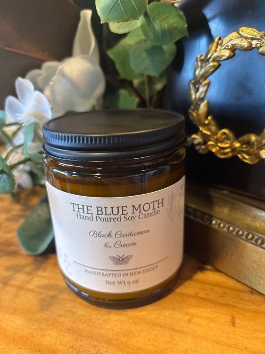 Black Cardamon & Cream 9oz Hand Poured Soy Candle in Amber Glass Jar