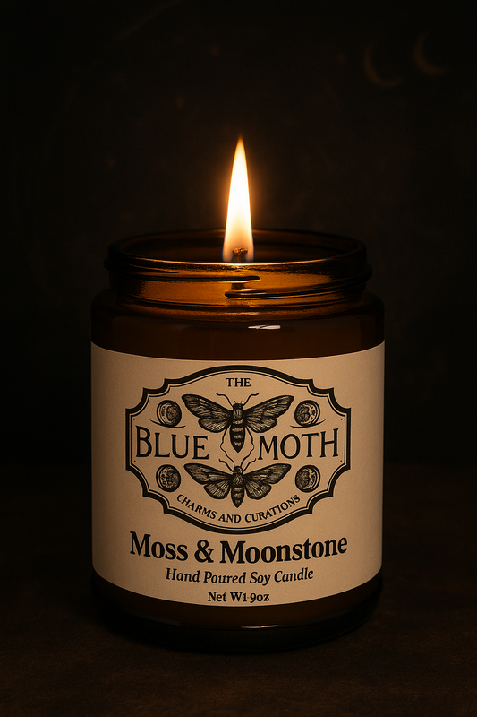 9oz Moss & Moonstone Hand Poured Soy Candle in an Amber Glass Jar with Wood Wick