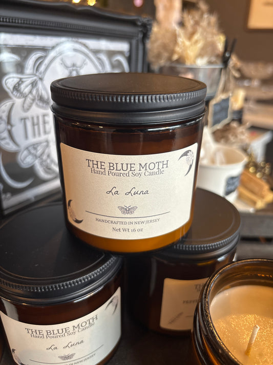 16oz La Luna Hand Poured Soy Candle in an Amber Glass Jar Cotton Wick