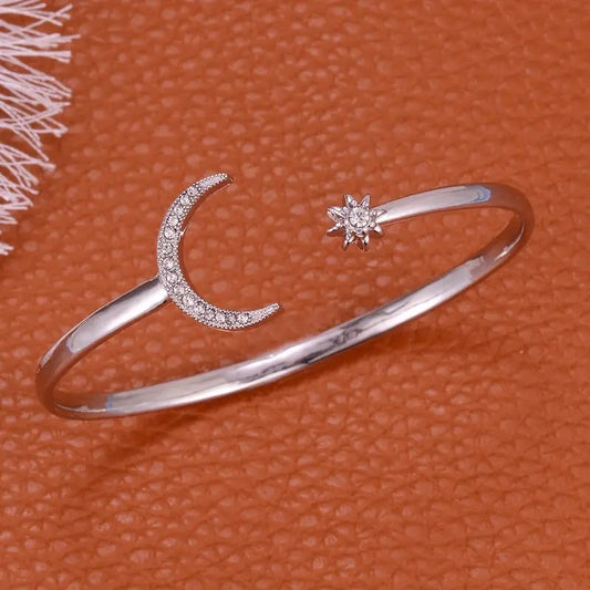 Silver Plated Rhinestone Moon and Star Bangle